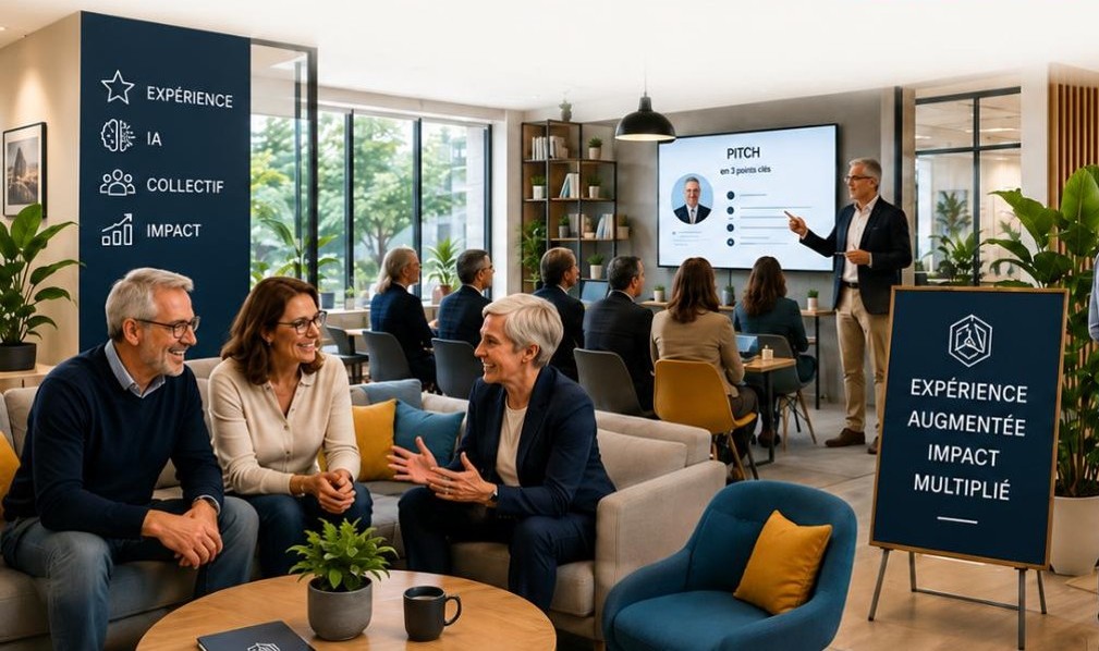 Professionnels augmentés par l'IA, double exposition avec une ville en arrière-plan